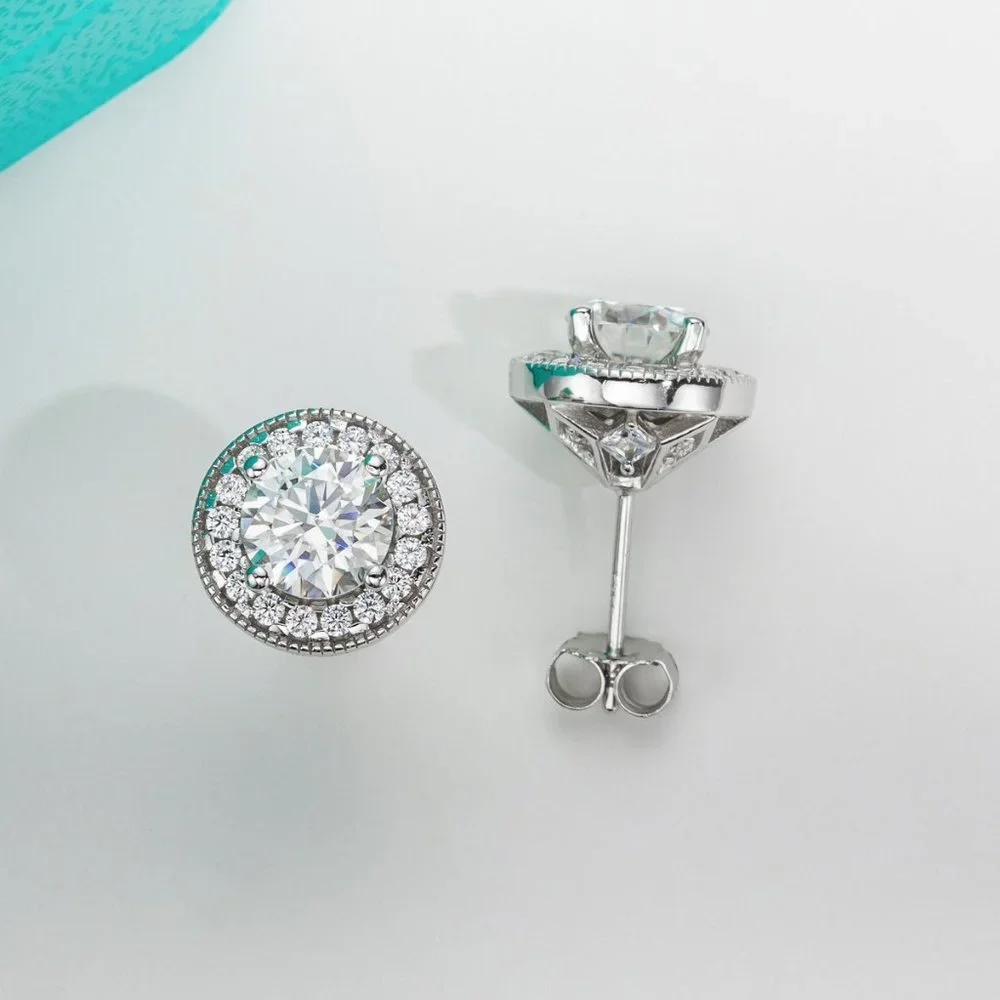 Certified 2.4 ct. t.w.  Moissanite Diamond Halo Stud Earrings NEW